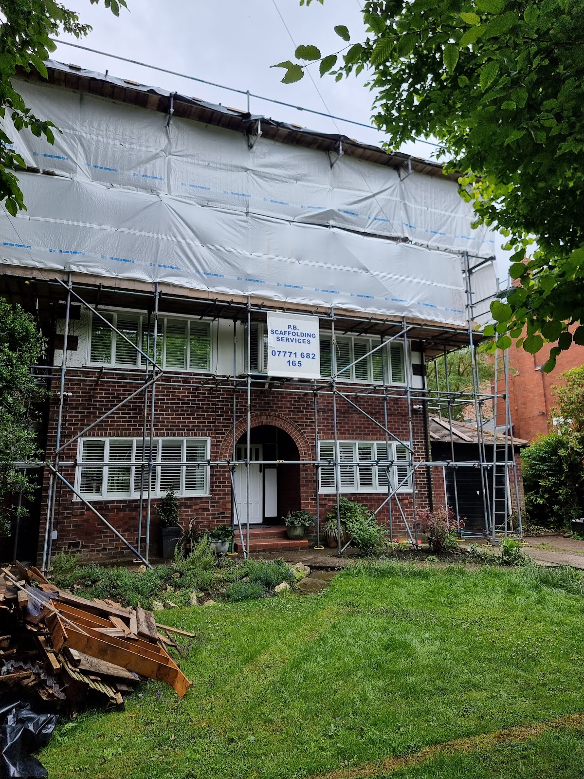 Scaffolding erected for roofing project, Greater Manchester